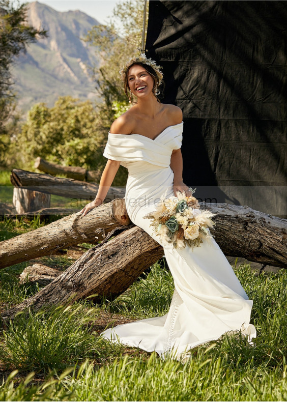 Off Shoulder Ivory Pleated Satin Latest Wedding Dress